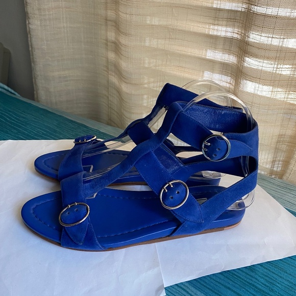 Prada blue suede leather sandals size 37 flats ankle strap mules slides slip ons - Picture 1 of 9